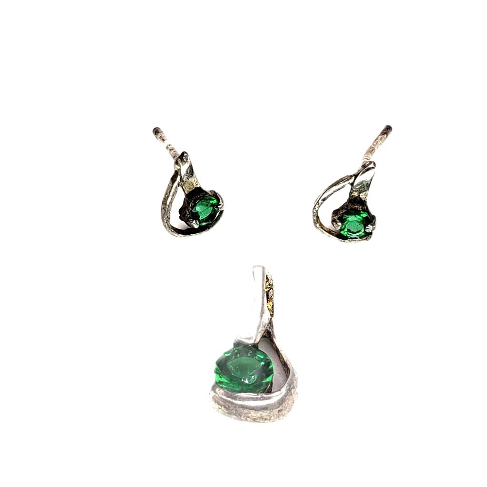 Stud Earrings & Pendant Gift Set 925 Sterling Silver Green Crystal Minimalist